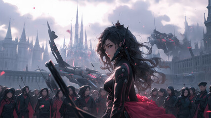 Beautiful young woman leader gathering her troops to defend her homeland in a cinematic dystopian scenery - Generative AI