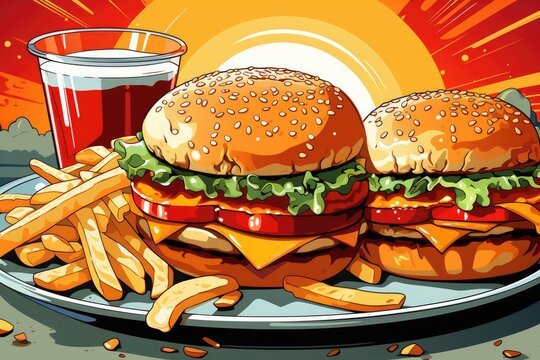 Two hamburgers and fries on a plate with a drink. Digital image.