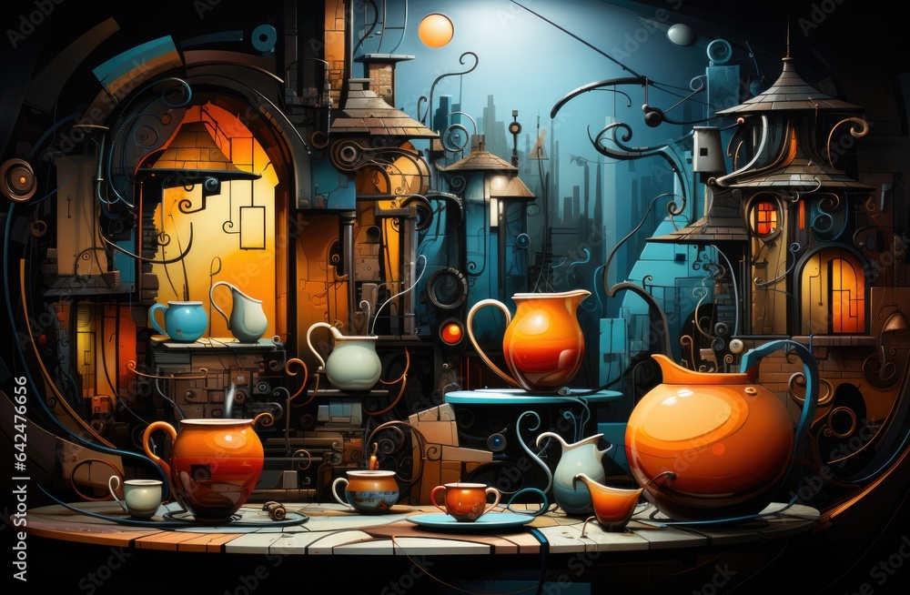 Poster a painting of a table with many different types of vases. digital image.