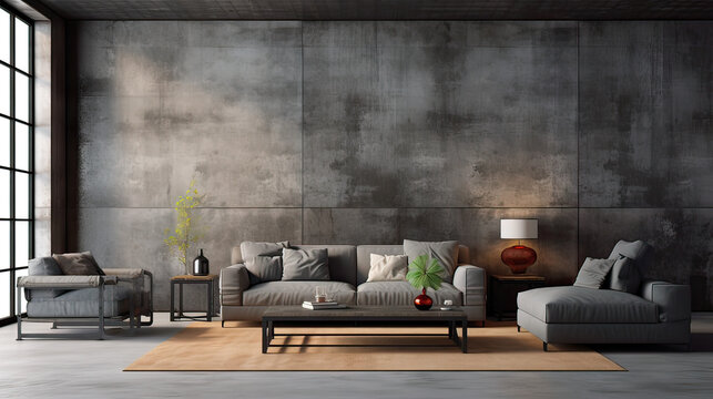 living room modern interior, industrial style, big blank wall mockup, couch, chair, plants with beautiful shadows, Generative AI.