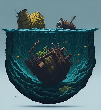 illustration of an ocean or sea polluted with floating garbage 1