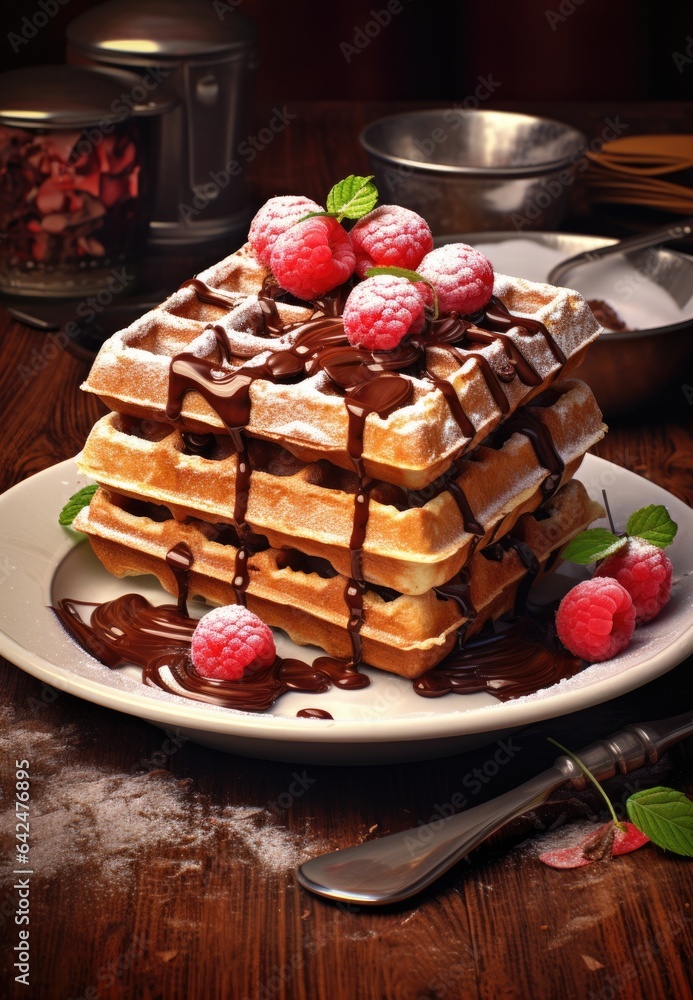 Poster a stack of waffles covered in chocolate and raspberries. digital image.