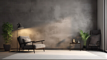 living room modern interior, industrial style, big blank wall mockup, couch, chair, plants with beautiful shadows, Generative AI.