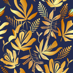 Floral patterns with leaves. Elegant gradient gold flowers and leaf pattern on black background. Luxury background with abstract golden leaves. 
