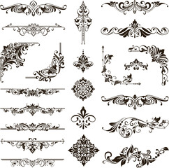 
Vintage design lace borders monogram logo and corners, dividers Vector set art deco floral ornaments elements