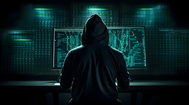 Anonymous hacker front of his monitor committing digital cybercrime
