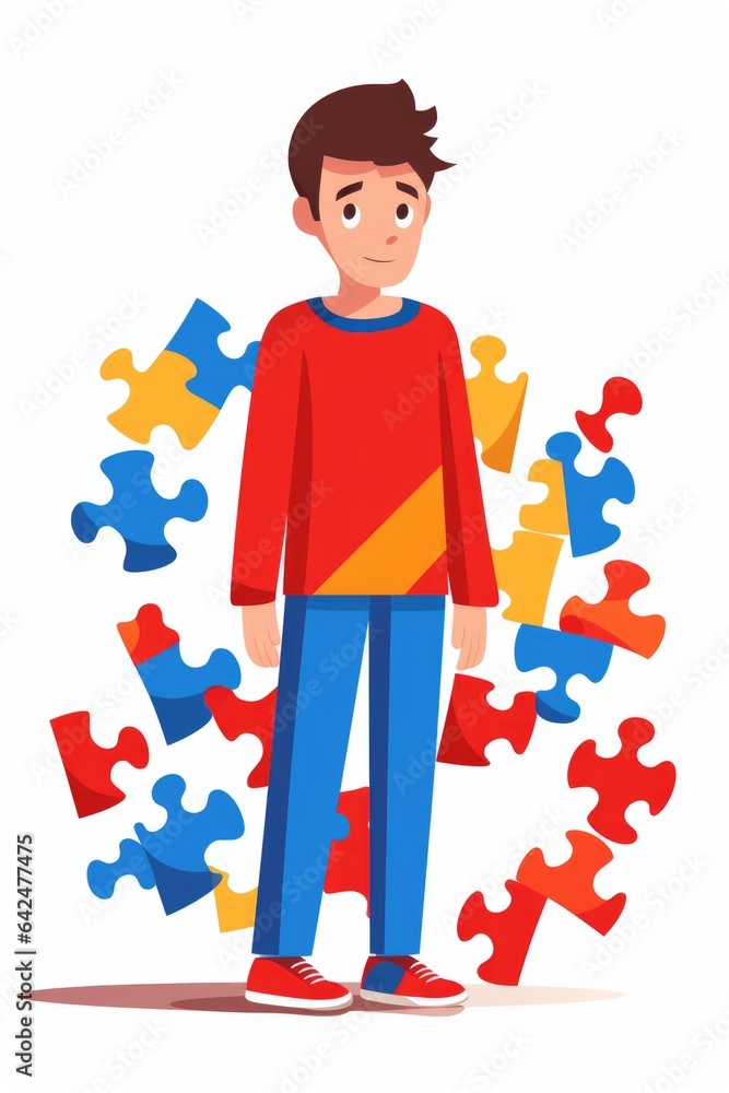 Poster a man standing in front of a pile of puzzle pieces. digital image.