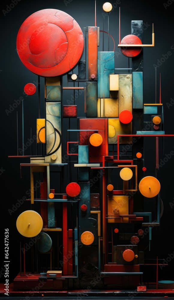 Poster a painting of a bunch of different shapes and sizes. digital image. surreal equilibrium.