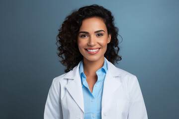 Female doctor in uniform portrait on blue background. Copy space. Generative AI