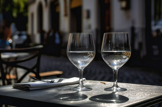 Two glasses sit together on an outdoor table