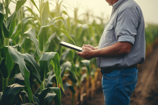 Modern and future farming, farmer using drone and robots technology in farm fields. Generative AI