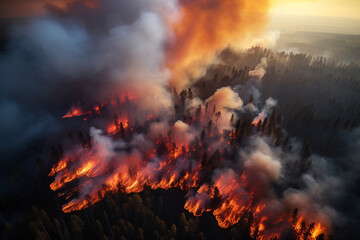 Fototapeta na wymiar Wildfire in forest near residential area, climate change and global warming hazard. Generative AI