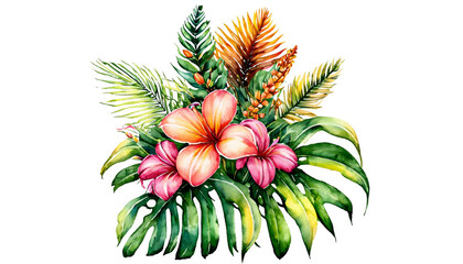 Watercolor art of tropical foliage, leaves, palm leaf. AI Generative