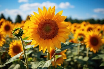 Obraz premium Sunflower field with cloudy blue sky on background. Sunflower natural background.Generative AI