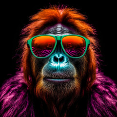 portrait of a gorgeous stylish trendy modern orangutan animal in stylish glasses. Black backgorund. Creative portrait in iridescent neon colors, concept photo in neon lighting