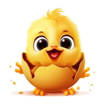 A cartoon chicken hatching out of an egg. Digital image.