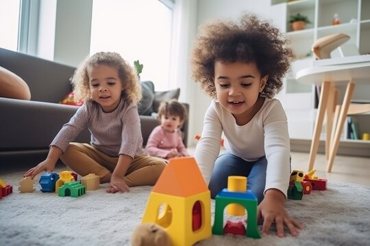 happiness family relationship and bonding joyful Father and son sitting on the floor playing together with wooden building brick on the floor in living room at home