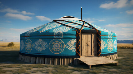 Jurta mongolska z wzorzystej tkaniny w kolorze niebieskim. Namiot - dom idealny pod glamping, wynajem.