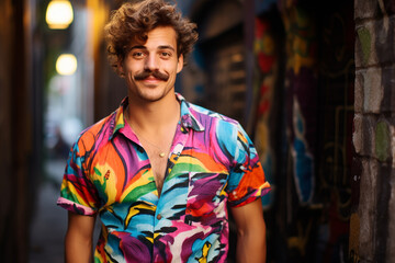 Fototapeta premium Young man wearing mustache. Movember cancer awareness concept. Generative AI