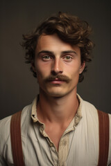 Obraz premium Young man wearing mustache. Movember cancer awareness concept. Generative AI