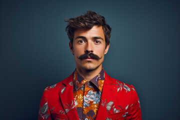 Fototapeta premium Young man wearing mustache. Movember cancer awareness concept. Generative AI