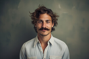 Young man wearing mustache. Movember cancer awareness concept. Generative AI - obrazy, fototapety, plakaty