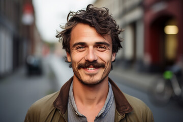Obraz premium Young man wearing mustache. Movember cancer awareness concept. Generative AI