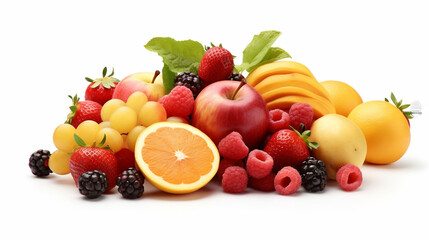 Owoce egzotyczne na białym tle wyizolowany. Kompozycja. Źródło składników odżywczych, witamin. Zdrowa przekąska. Jabłko, malina, pomarańcz, banan, winogron, truskawka, jeżyna.