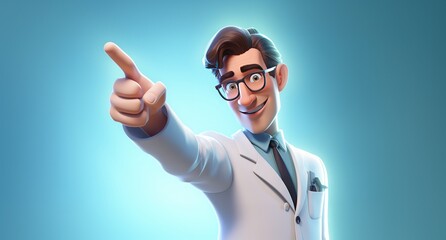 Smiling male doctor with glasses and stethoscope as a cartoon character in a stylized 3D render style, medical clip art, white coat, medicine, healthcare, hospital, physician. Generative AI