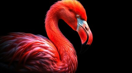 Obraz premium Portrait of the pink flamingo bird. Dark background. Copy space.