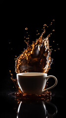 splash of coffee from a fallen cup, isolated background, hyper realistic, beautiful dreammy light,