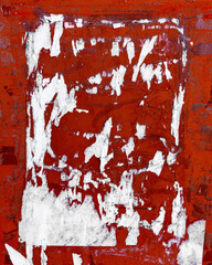 White Torn Ripped Aged Paper Poster on the Red Wall Surface. Grunge Rough Dirty Background. Urban...