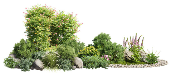 Cutout flowerbed. Plants and flowers isolated on transparent background. Flower bed for garden design. Rock landscaping among the flowering bush.   © Kimo