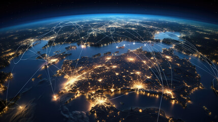 Telecommunication network above Europe viewed from space . Created with Generative AI technology.