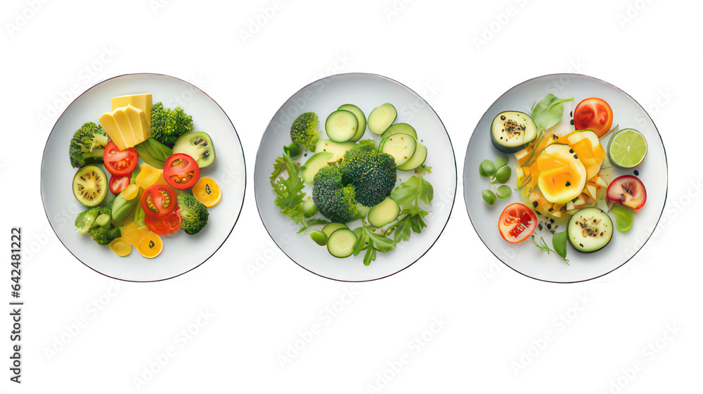 Poster three plates with salad on each plate isolated on white created with generative ai