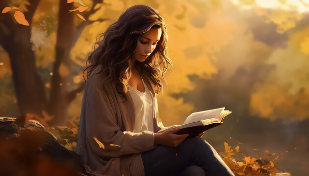 Beautiful Girl In Autumn Forest Reading A Book