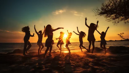 Foto auf Acrylglas Sonnenuntergang am Strand Large crowd of people having fun on the sunset beach