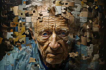 portrait of a sick senior man with puzzle pieces on his face. Mental health dementia, alzheimer and memory illness - Powered by Adobe