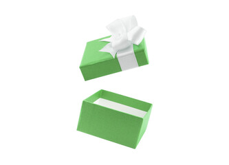 open empty green gift box with white ribbon bow isolated on transparent, lid floating