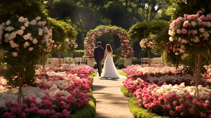 Para młoda na ślubnym kobiercu w plenerze - sesja zdjęciowa w ogrodzie pełnym różowych kwiatów - róż. Miłość. - obrazy, fototapety, plakaty