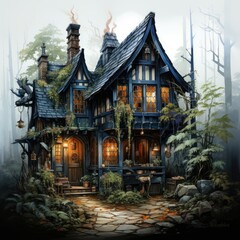 Fototapeta premium Witch's Cottage: Illustrate a cozy yet creepy witch's cottage nestled deep in the woods