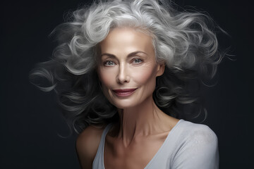 Stylish mature elegant middle aged woman on a gray background.