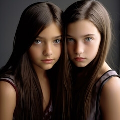 Dwie bliźniaczki brunetki nastolatki. Poważne twarze, ukazujące niepokój, obawę i pragnienie poczucia bezpieczeństwa. - obrazy, fototapety, plakaty