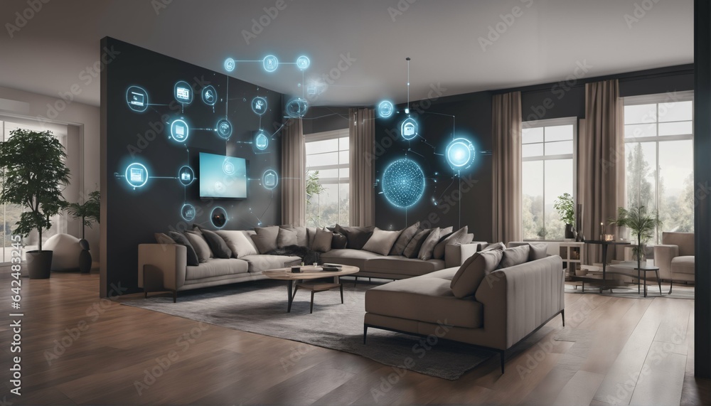 Poster internet of things concept with smart home featuring various connected devices and appliances - ai