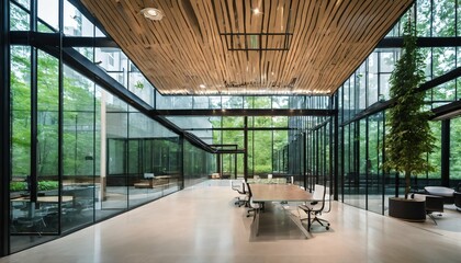 Eco-friendly glass office featuring sustainable building with green environment and trees - obrazy, fototapety, plakaty