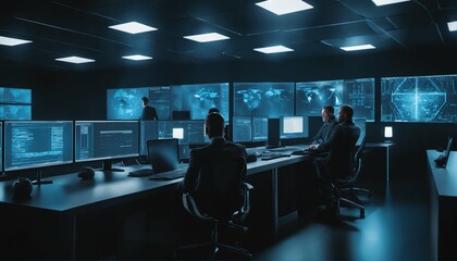 Advanced encryption and biometric access in futuristic cybersecurity workspace with security team