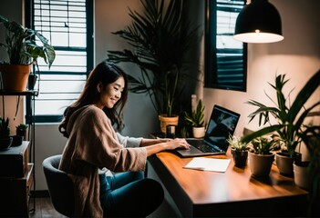 GenZ Asia people smiling in cozy home office, work from home wfh concept