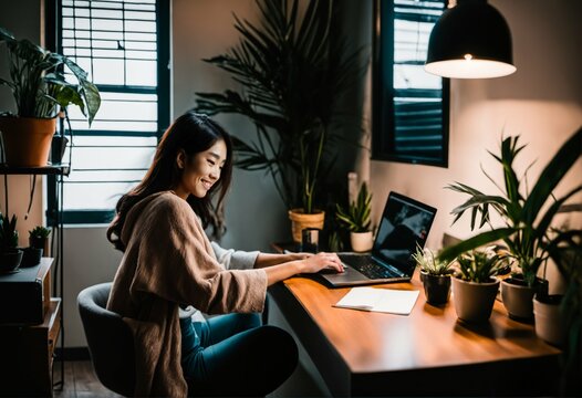 GenZ Asia people smiling in cozy home office, work from home wfh concept