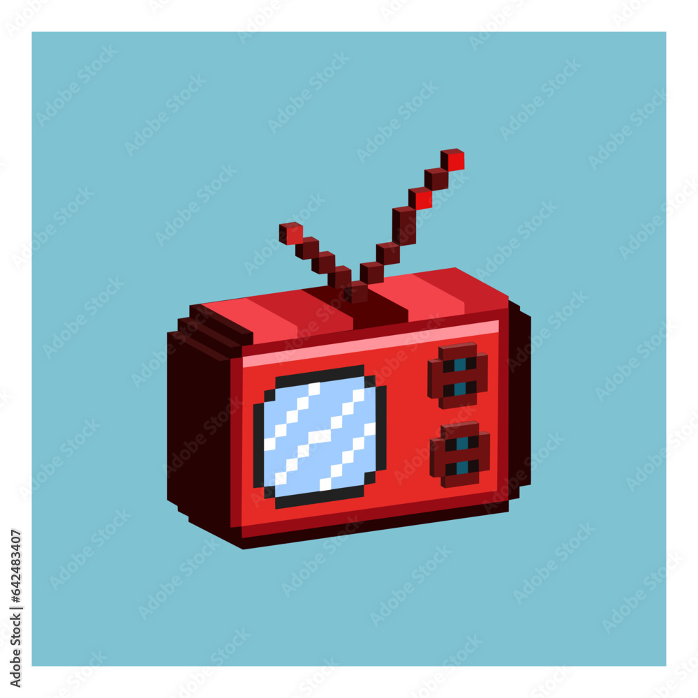 Poster isometric asset from pixel art square 3d of red television in for items asset. television on pixelat