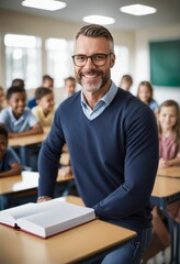 Smiling male teacher in elementary school class - learning students, educational environment